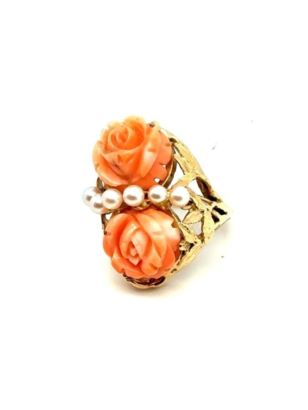 Vintage 14K Gold Carved Roses Seed Pearls Ring